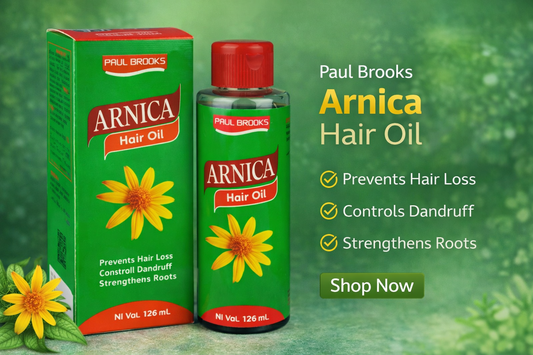 Paul Brooks Arnica Hair Oil packaging with green background