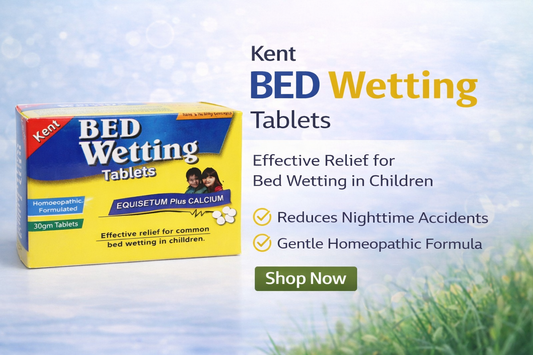 Kent Bed Wetting Tablets packaging with product details on a light blue background