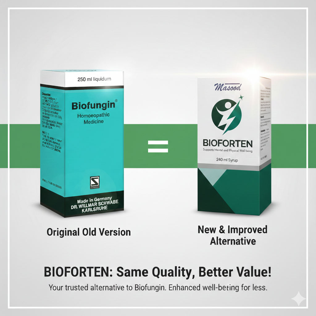 Comparison of Biofungin and Bioforten packaging on a white background with green stripe.