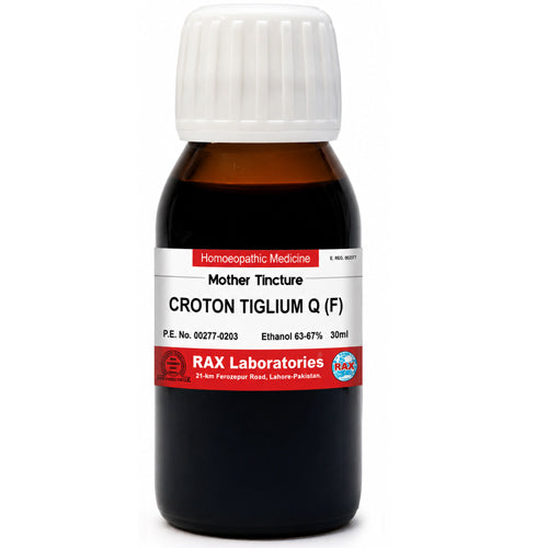 Bottle of RAX Laboratories Croton Tiglium Q (F) on a white background