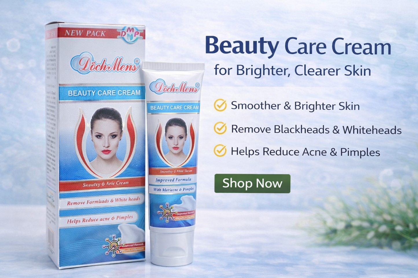 Beauty care cream packaging with a woman's face on it, set against a light blue background.