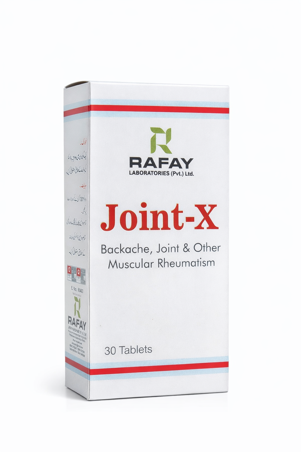 Box of RAFAY Joint-X tablets for backache, joint pain, and muscular rheumatism on a white background