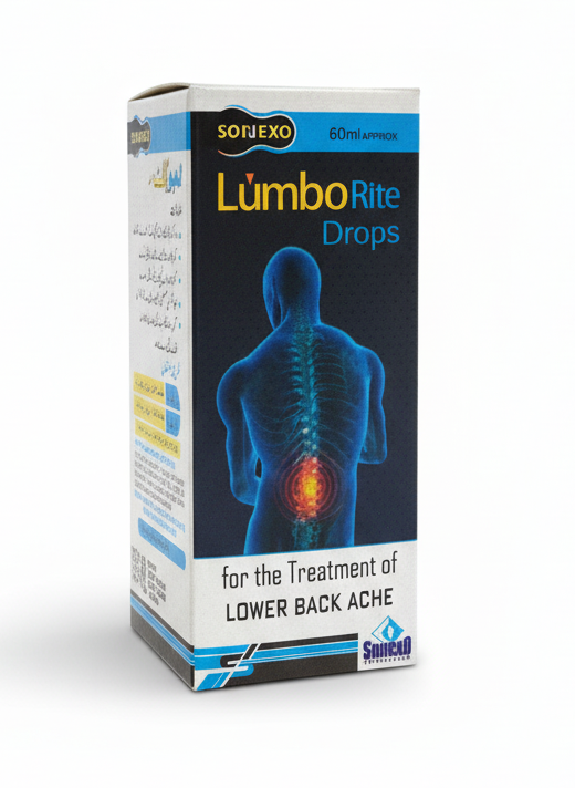 Box of Lumbo Rite Drops for lower back ache treatment on a white background