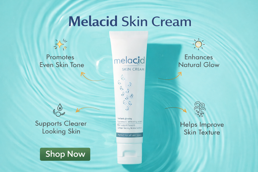 Melacid Skin Cream tube with benefits on a blue background