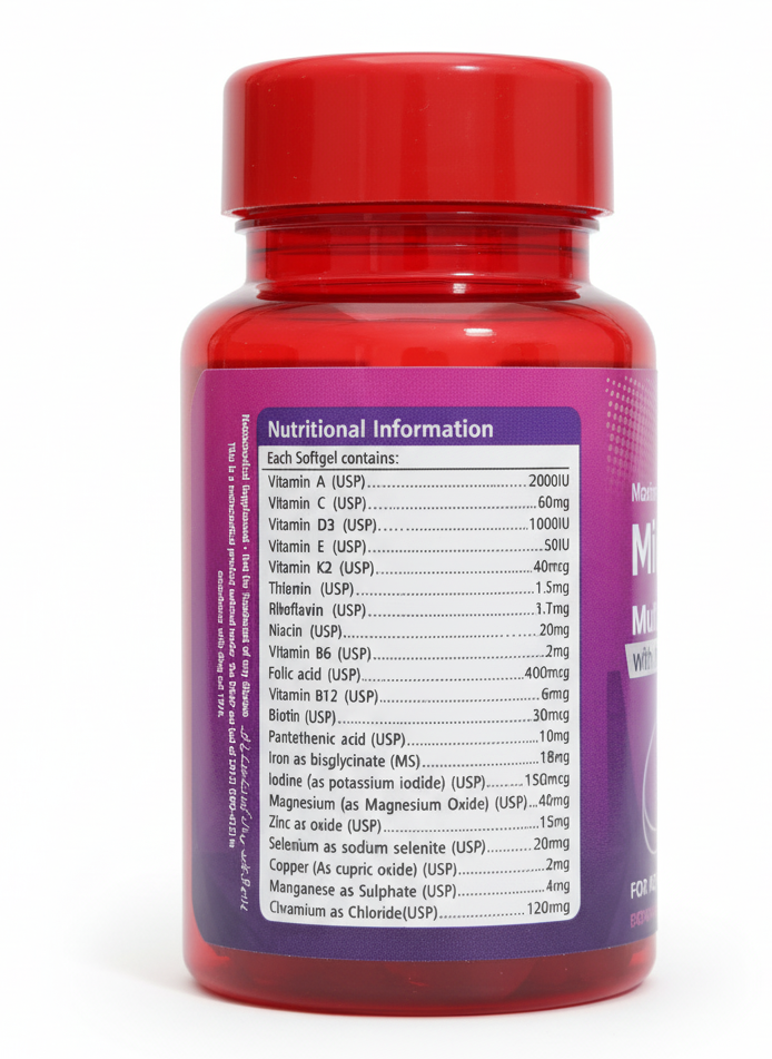 Bottle of supplements with a red cap and purple label on a white background