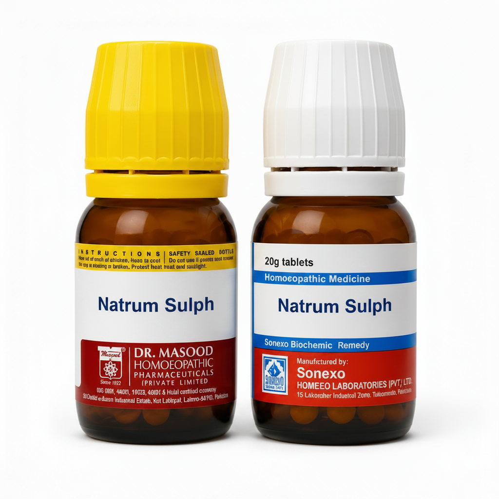 Natrum Sulph Biochemic Tablets homeopathic medicine on a white background. The left bottle has a yellow cap and a label