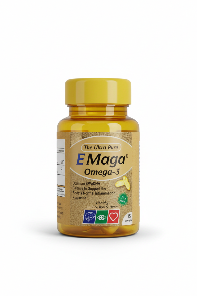 Yellow bottle of E Maga Omega-3 supplement on a white background