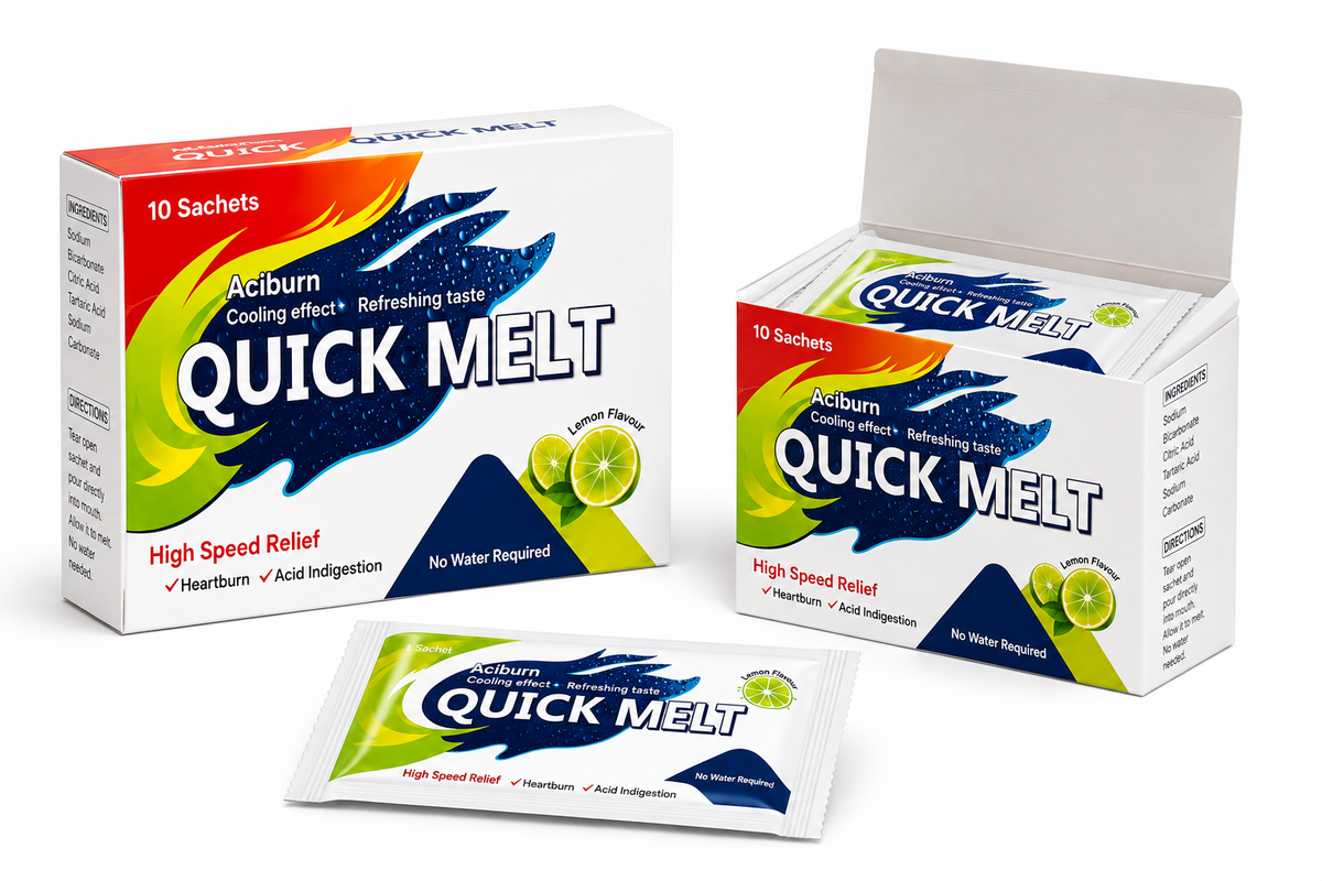 Quick Melt Aciburn cooling effect sachet packaging, showing two boxes and one individual packet on a clean white background.