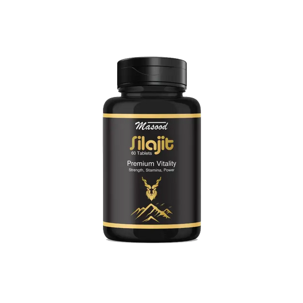 Black supplement bottle labeled 'Masood Silajit' on a white background