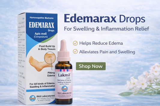 Edemarax Drops packaging with bottle on a light blue background