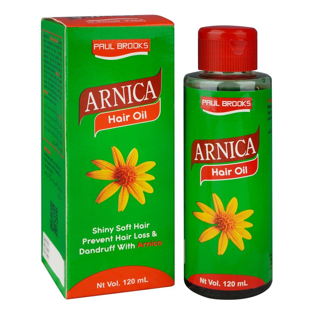 Arnica hair oil bottle and packaging with yellow flowers on a white background