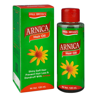 Arnica hair oil bottle and packaging with yellow flowers on a white background