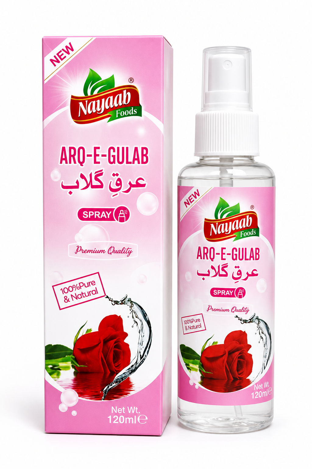Nayaab Foods Aro-e-Gulab spray bottle and packaging on a white background