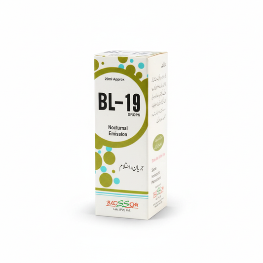 BL 19 Drops for Nocturnal Emission and General Weakness on a plan white background. 
