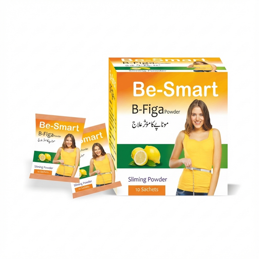 Be-Smart B-Figa Powder packaging with a woman in a yellow top on a white background