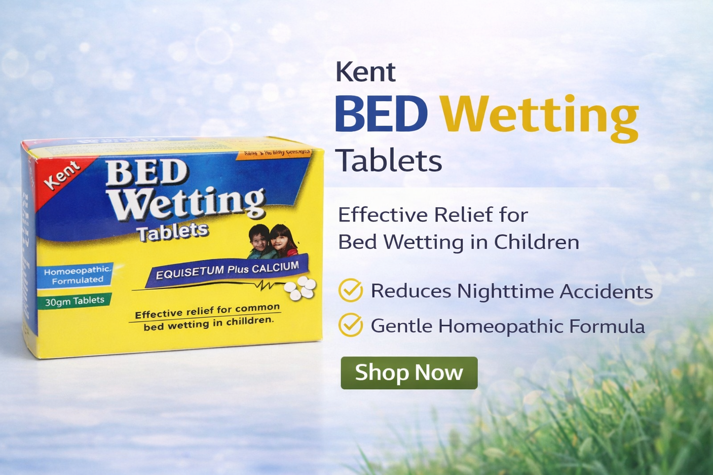 Kent Bed Wetting Tablets packaging with product details on a light blue background