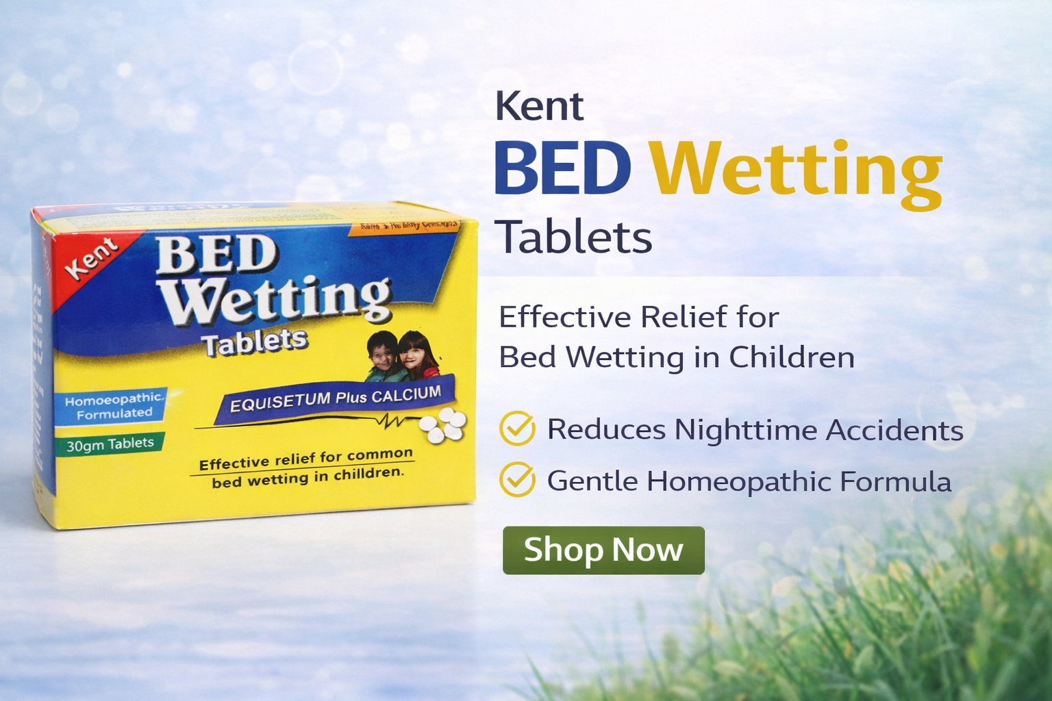Kent Bed Wetting Tablets packaging with product details on a light blue background