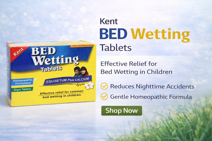 Kent Bed Wetting Tablets packaging with product details on a light blue background