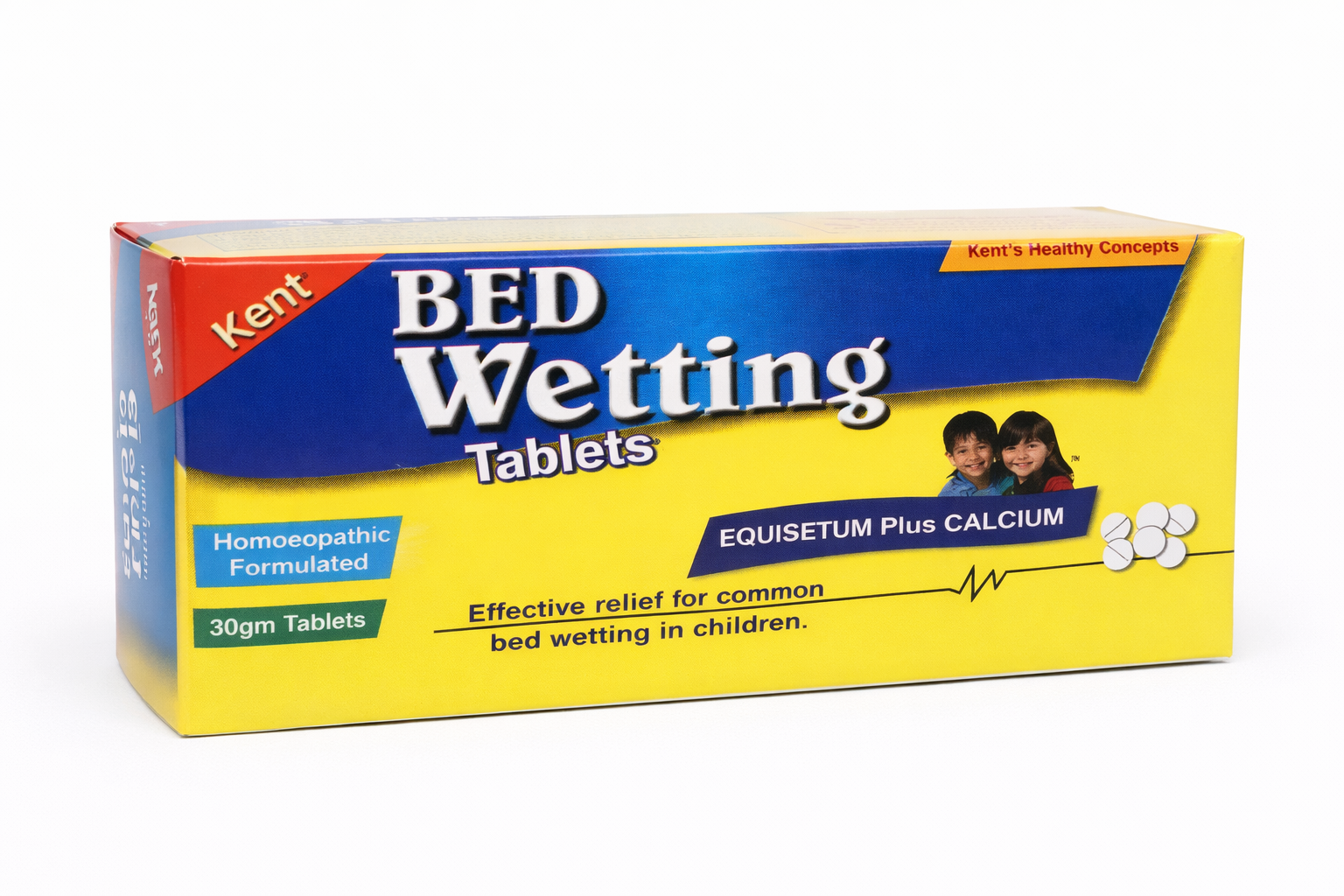 Box of Bed Wetting Tablets with a blue and yellow design on a white background