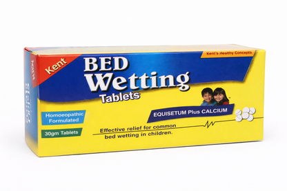 Box of Bed Wetting Tablets with a blue and yellow design on a white background