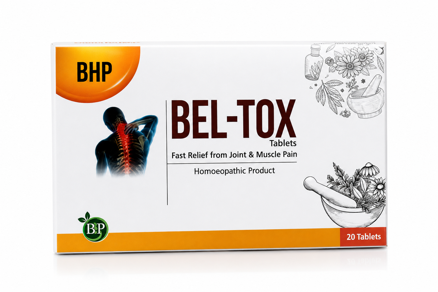 Box of BHP BEL-TOX Tablets for joint and muscle pain on a white background