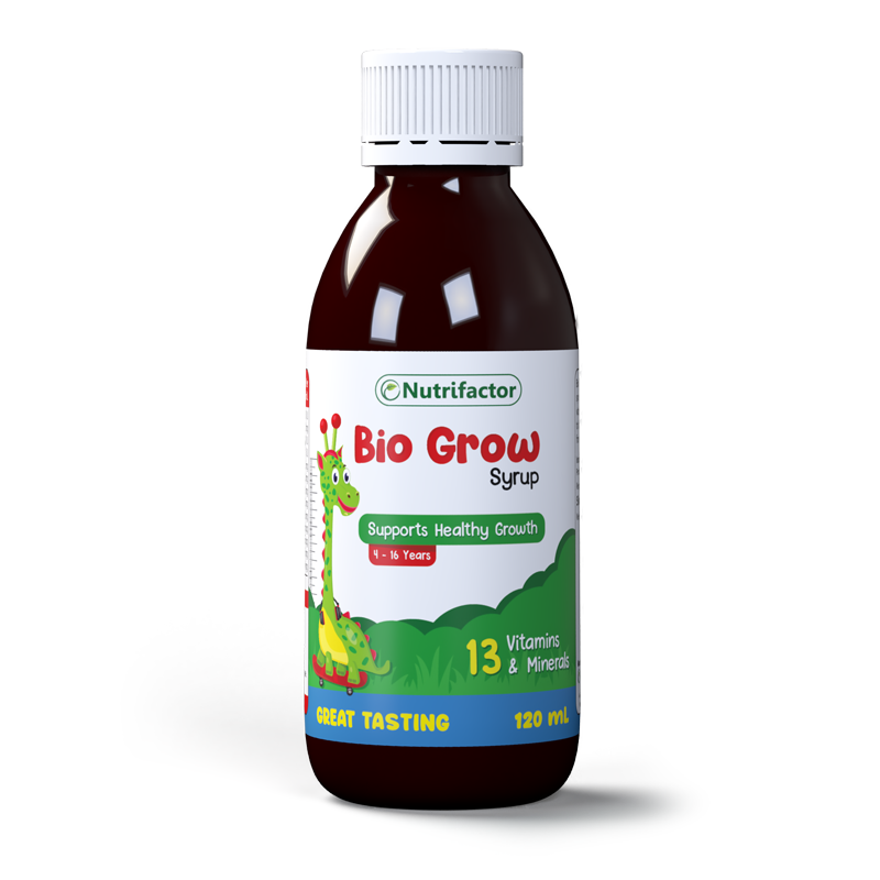 Bottle of Nutrifactor Bio Grow Syrup on a white background