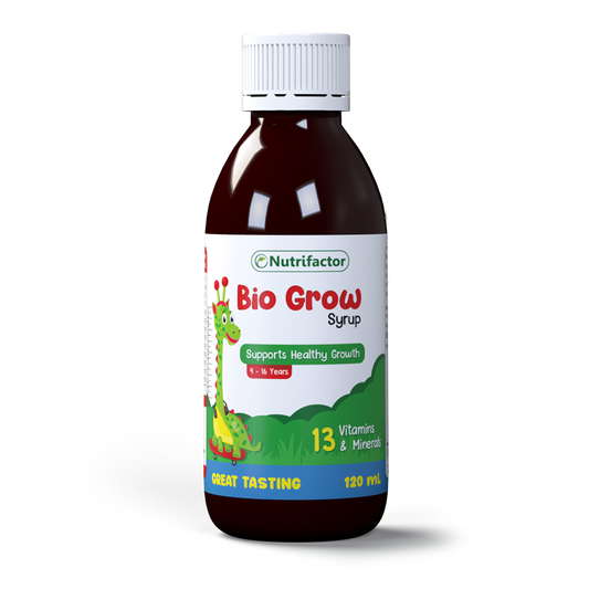 Bottle of Nutrifactor Bio Grow Syrup on a white background