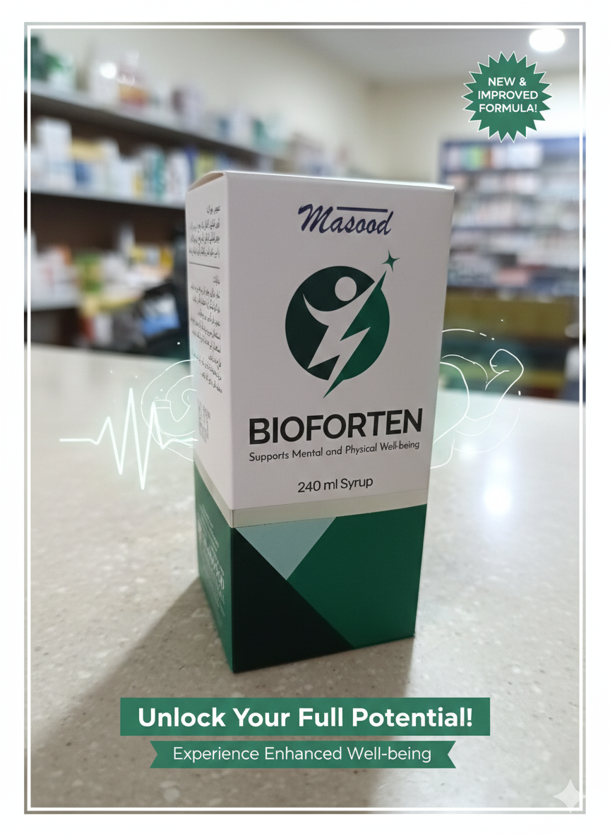Bioforten packaging with Masood logo on a blurred pharmacy background