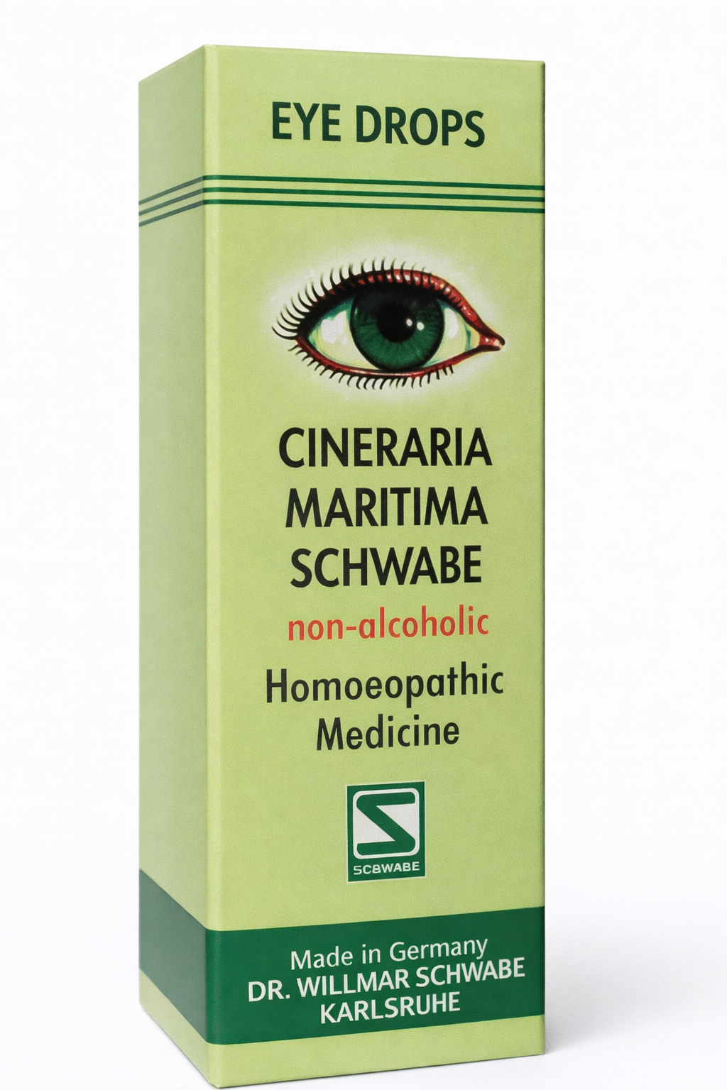Box of Cineraria Maritima Schwabe eye drops on a white background