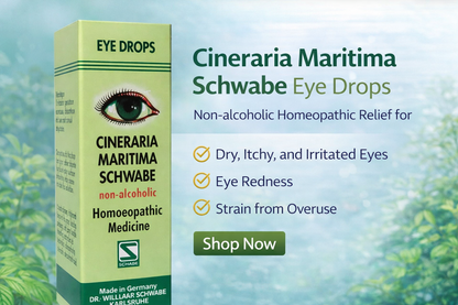 Cineraria Maritima Schwabe eye drops packaging with product details on a blurred green background
