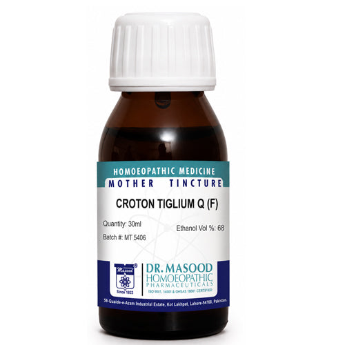 Bottle of Dr. Masood Homeopathic Croton Tiglum Q (F) on a white background