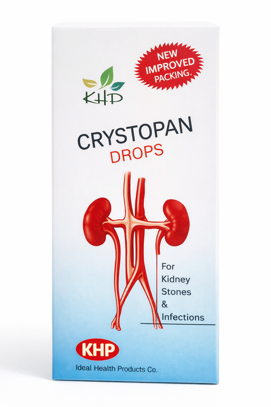 Box of Crystopan Drops for kidney stones and infections with KHP branding.