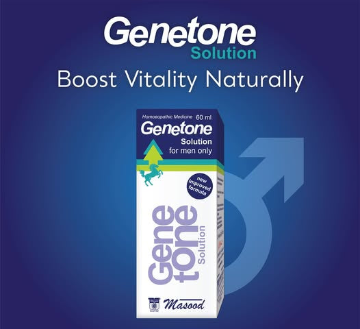 Genetone Solution packaging on a blue background with branding and product details.