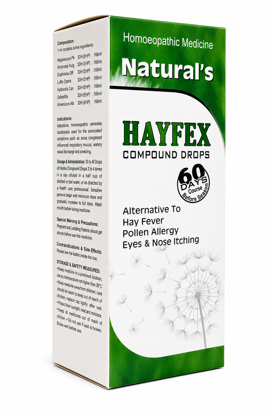 A box of Natural's Hayfex Compound Drops, a homeopathic medicine for hay fever, pollen allergy, eyes, and nose itching. The packaging is white and green with text and illustrations of white spiderwebs at the bottom.