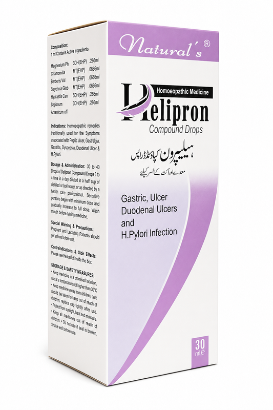 Natural's Helipron Compound Drops packaging box, featuring a white and purple design with black text, indicating it is a homoeopathic medicine for gastric, ulcer, duodenal ulcers, and H. pylori infection.