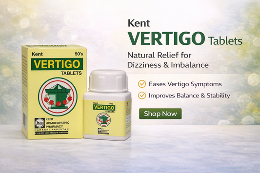 Kent Vertigo Tablets packaging with bottle on a blurred background