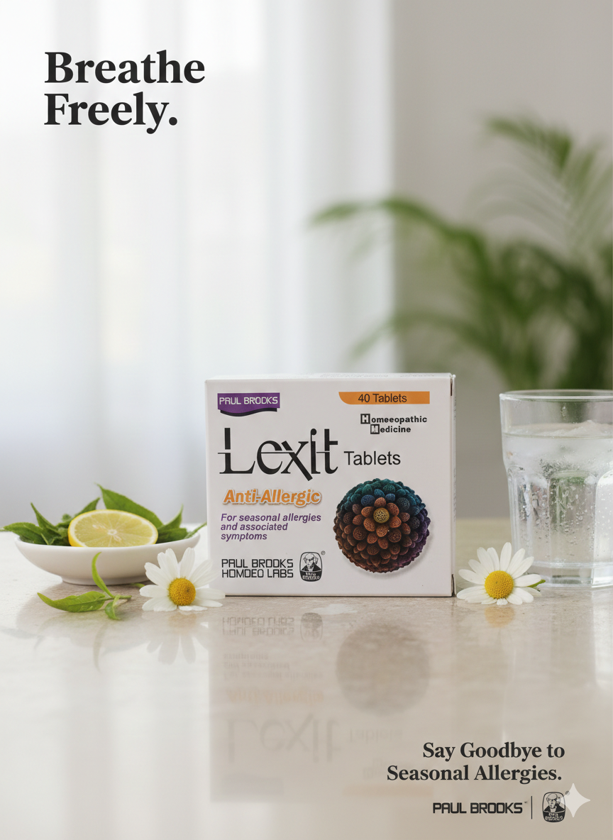 Box of Paul Brooks Lexit Anti-Allergic Tablets on a table with lemon slices and water.