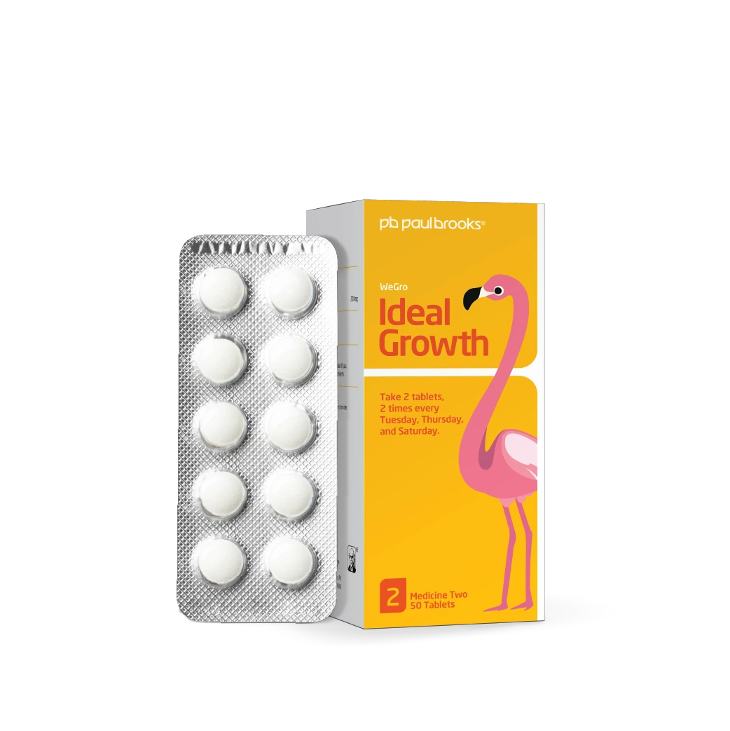 Packaging of Ideal Growth tablets with a pink flamingo design on a white background