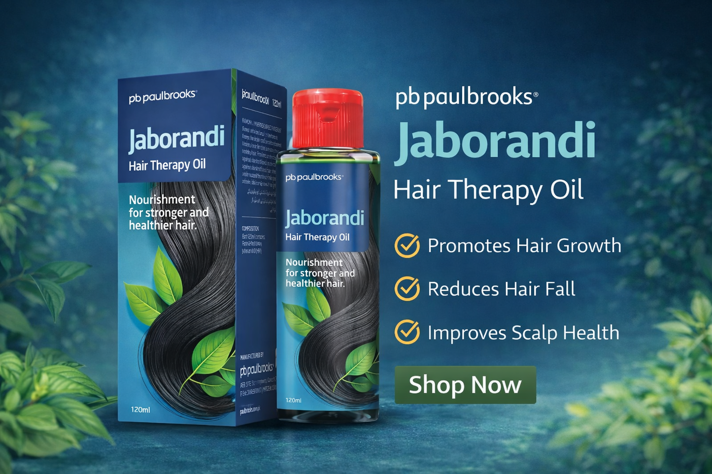 Jaborandi Hair Therapy Oil packaging with promotional text on a blue background