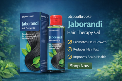 Jaborandi Hair Therapy Oil packaging with promotional text on a blue background