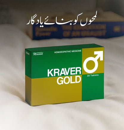 Box of Kraver Gold tablets with branding and website URL on a white surface.