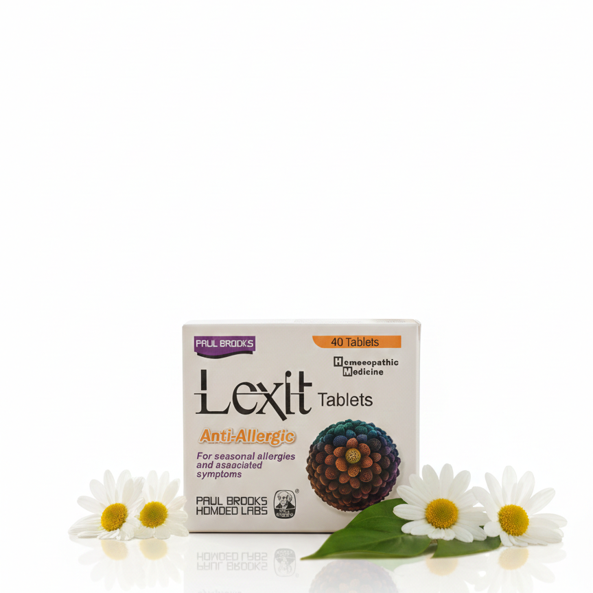 Box of Lexit Anti-Allergic Tablets with flowers on a white background