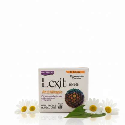 Box of Lexit Anti-Allergic Tablets with flowers on a white background