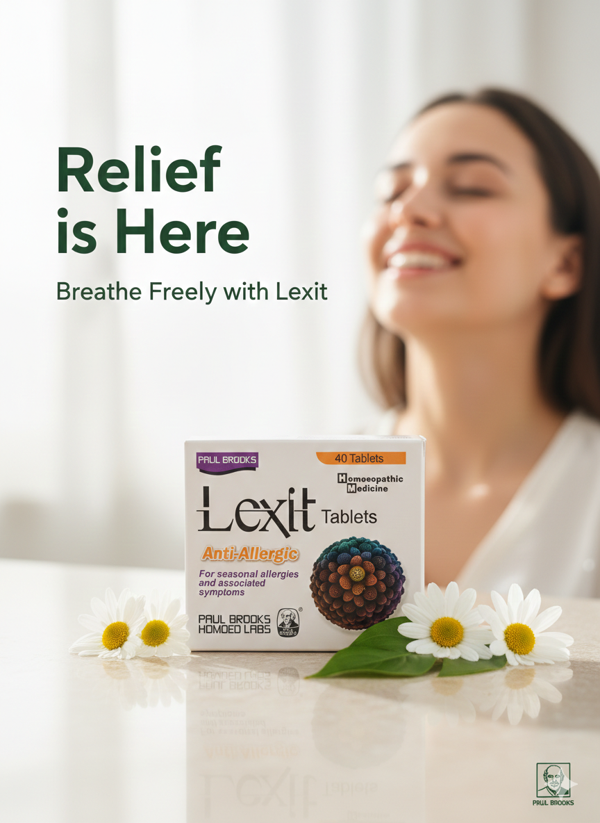 Woman with closed eyes and a box of Lexit tablets on a table with flowers.