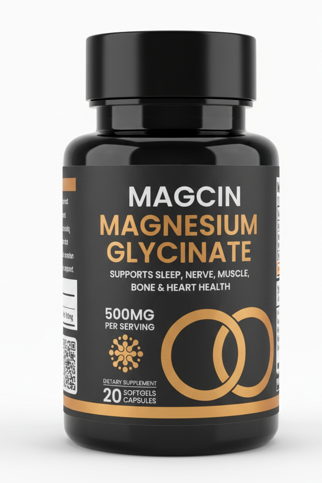 Black bottle of Magcin Magnesium Glycinate supplement on a white background
