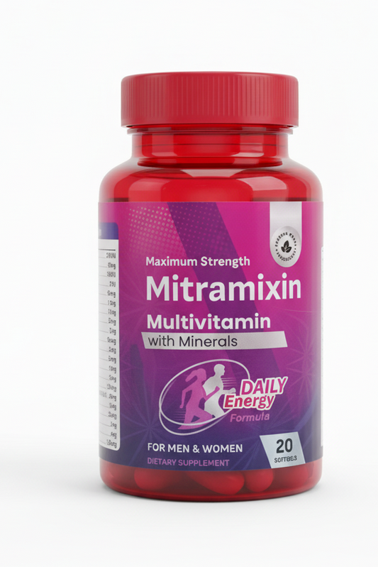 Multivitamin bottle labeled 'Mitramixin' on a white background