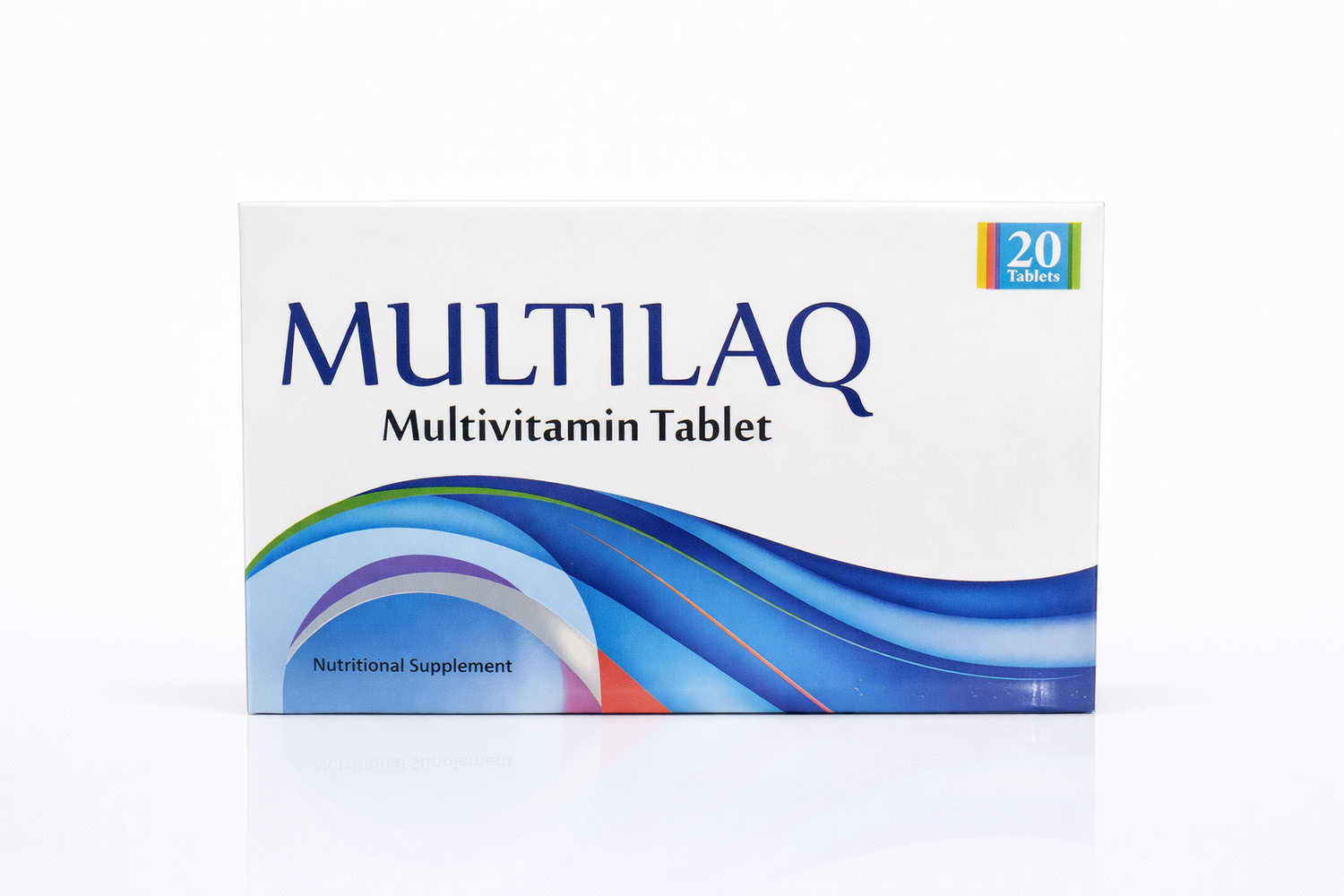 Multivitamin tablet box labeled 'MULTILAQ' on a white background