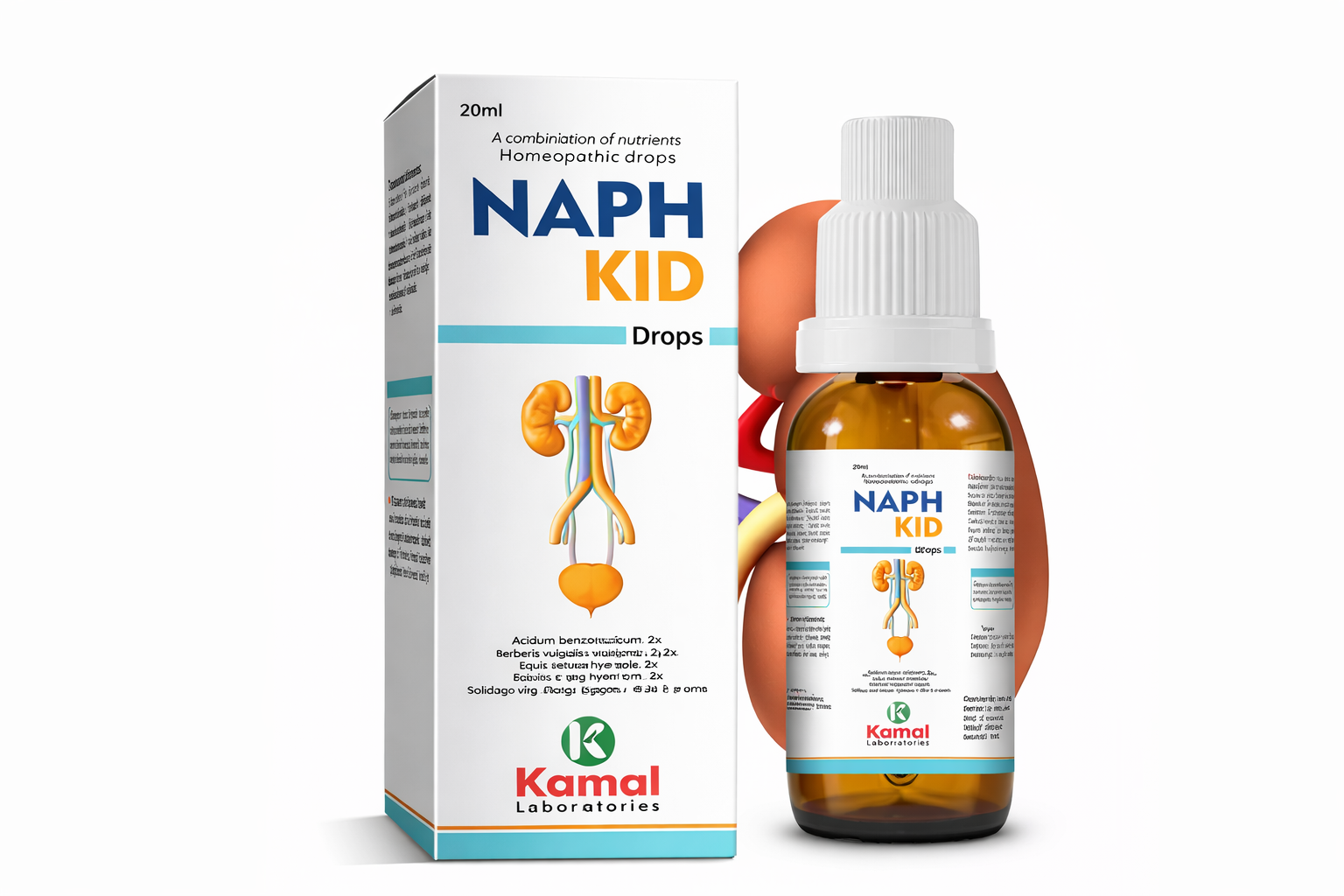 Naph Kid drops packaging and bottle with Kamal Laboratories logo on a white background