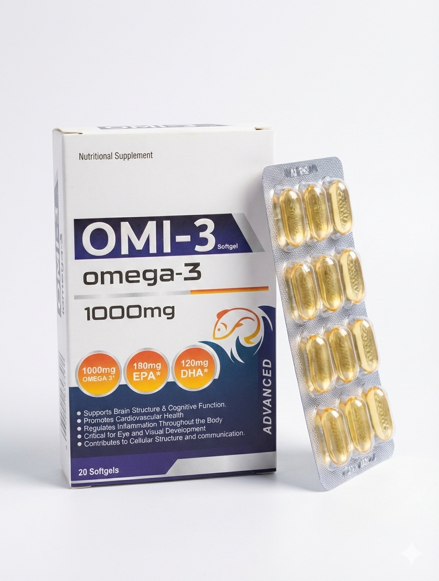 OMI-3 omega-3 supplement packaging with softgels on a white background