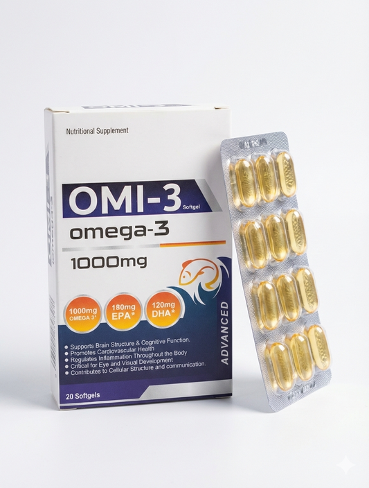 OMI-3 omega-3 supplement packaging with softgels on a white background
